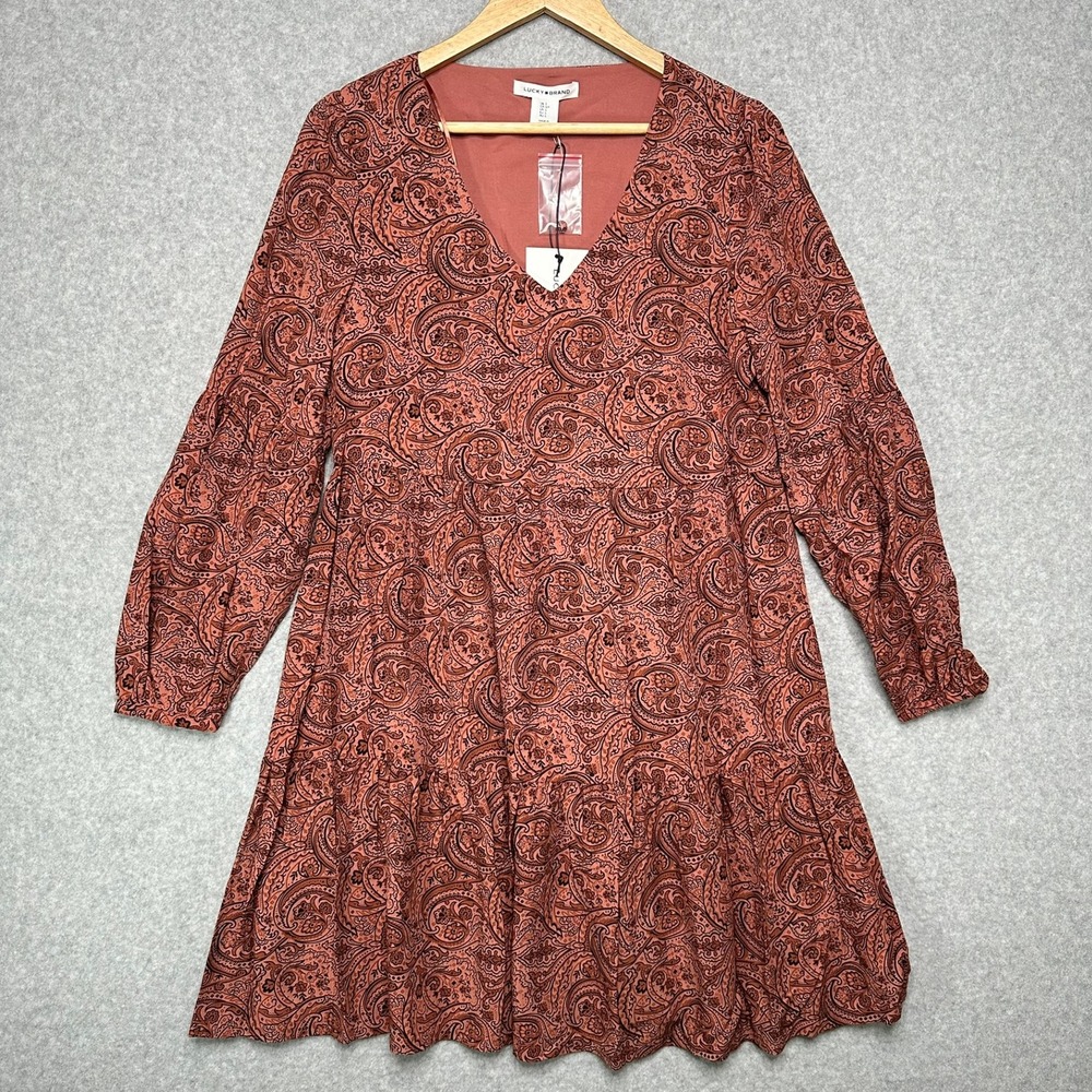 Lucky‎ Brand Womens Small Terracotta Paisley V-Neck Tiered Boho Mini Dress New